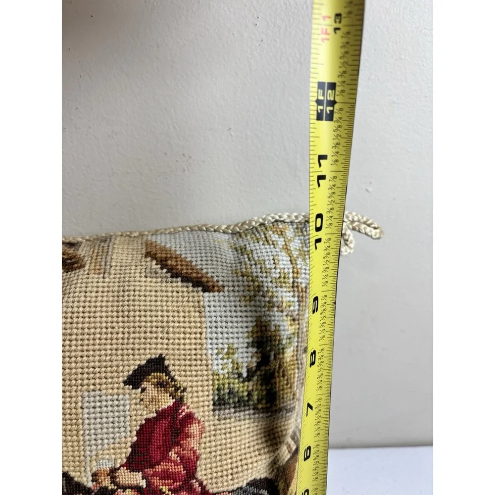 Petit Point Wool Horse Riders Colonial Needlepoint Pillow Zip Velvet Back 10x15